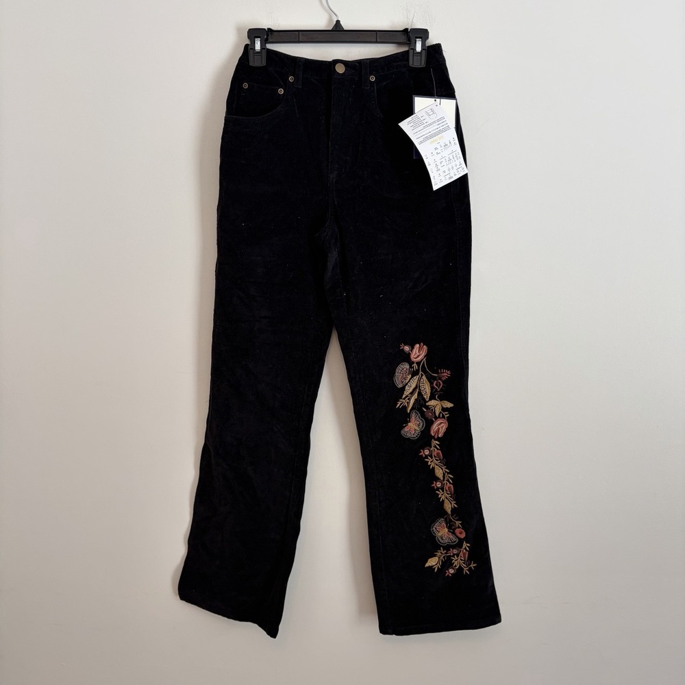 NWT Denim & Co 6 Black Corduroy Pants Floral Embroidered Boho Artsy Hippie